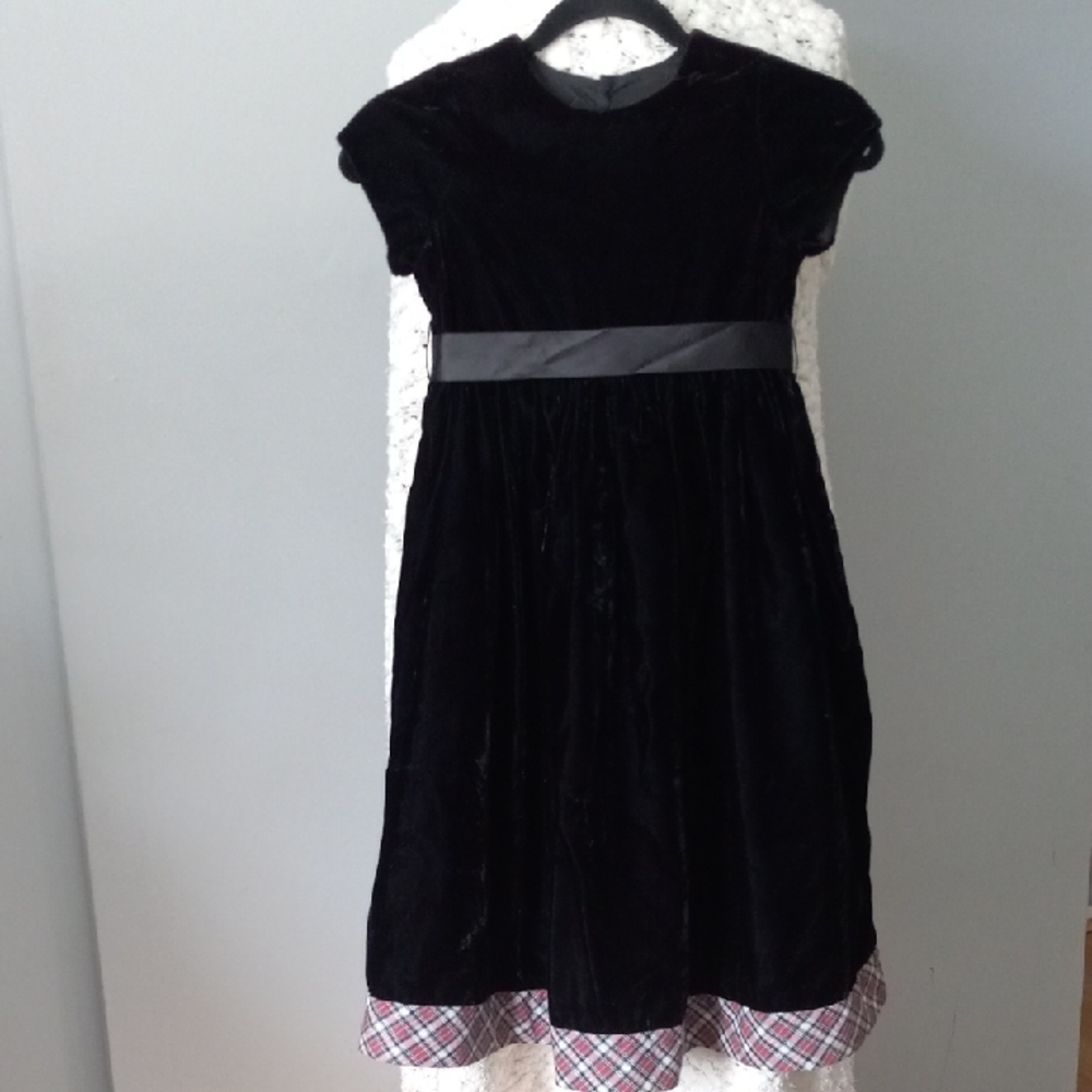 🔥Kids Isabel Garreton Black Velvet Girl Dress with Plaid Trim Size 6X